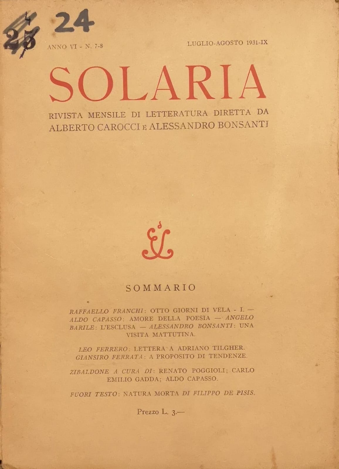 SOLARIA. ANNO VI, N. 7-8 - LUGLIO-AGOSTO 1931. - Rivista …