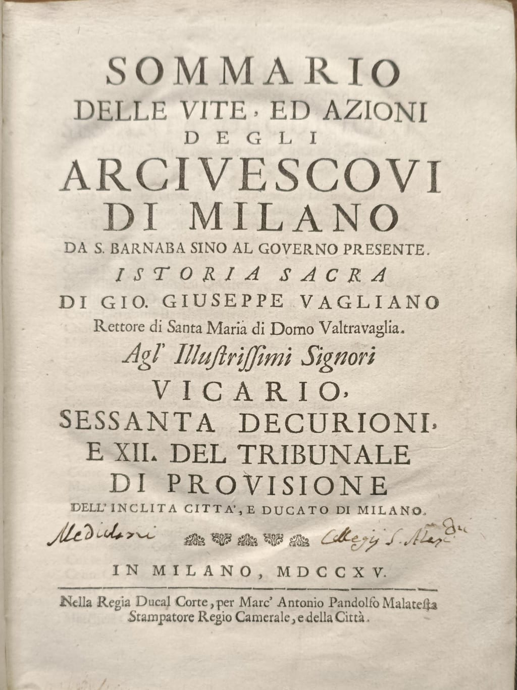 SOMMARIO DELLE VITE ED AZIONI DEGLI ARCIVESCOVI DI MILANO DA …