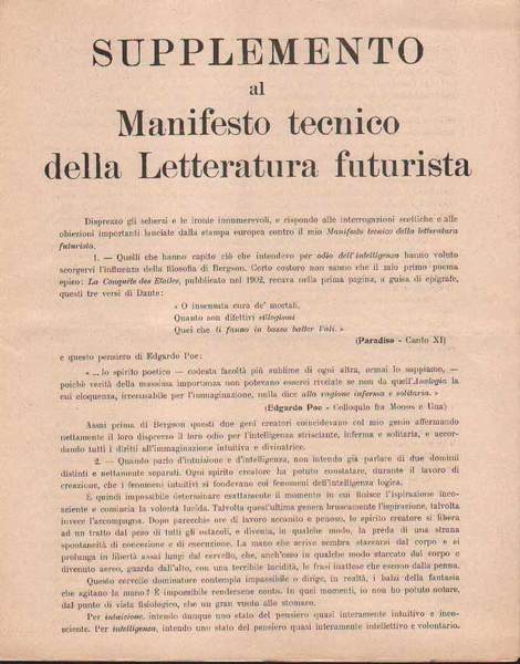 SUPPLEMENTO AL MANIFESTO TECNICO DELLA LETTERATURA FUTURISTA.