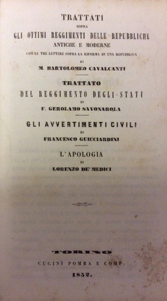 TRATTATI SOPRA GLI OTTIMI REGGIMENTI DELLE REPUBBLICHE ANTICHE E MODERNE …