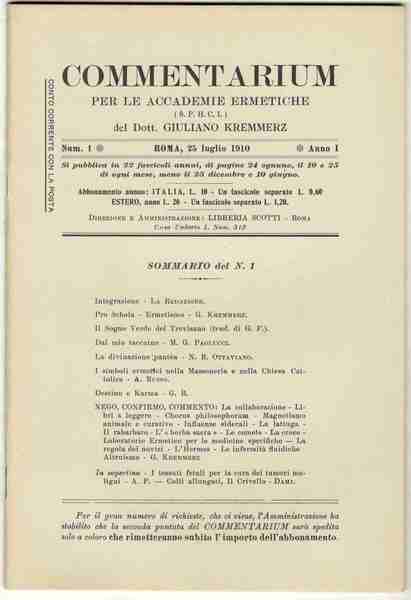 Commentarium per le Accademie ermetiche. Anno I, nn. 1-10. (Edizione …