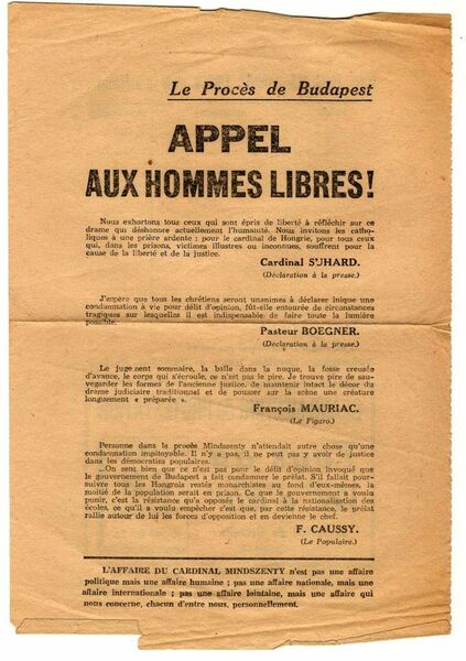Processo al cardinale Mindszenty. Appel aux hommes libres. Volantino