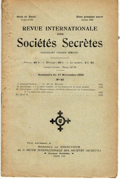 Revue internationale des sociétés secrètes. Tome XVIII, année 1929, n° …