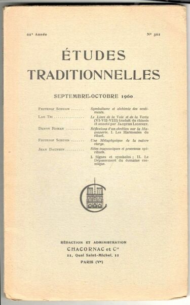 Études Traditionnelles. 61e année. N°361. Septembre - Octobre 1960