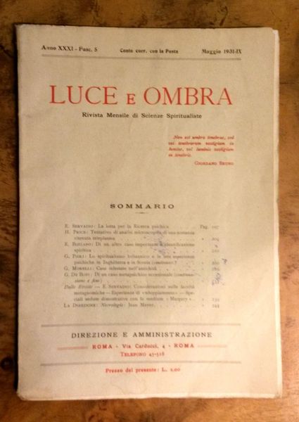 Luce e Ombra. Rivista mensile di Scienze Spiritualiste. Fascicolo 5, …
