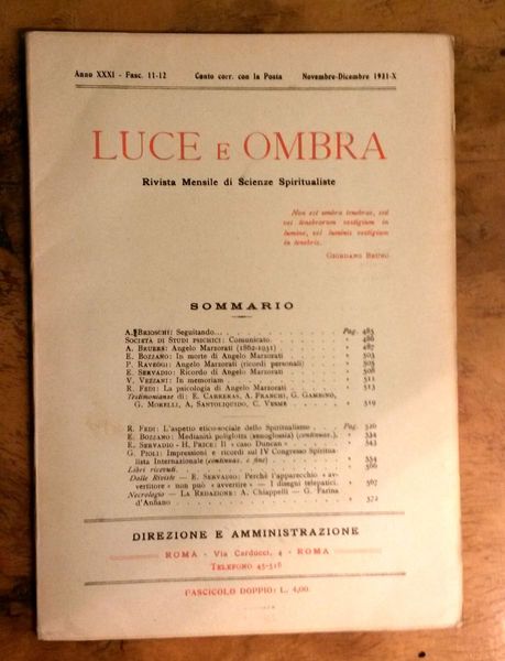 Luce e Ombra. Rivista mensile di Scienze Spiritualiste. Fascicolo doppio …