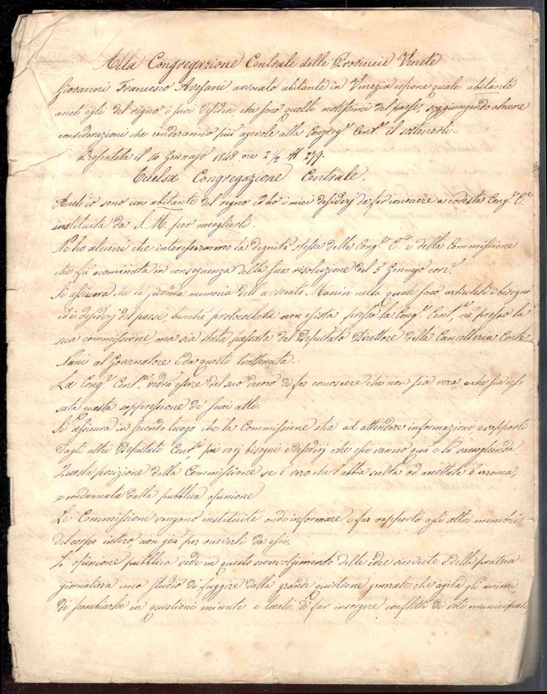 Alla Congregazione Centrale delle Province Venete. Manoscritto originale di 6 …