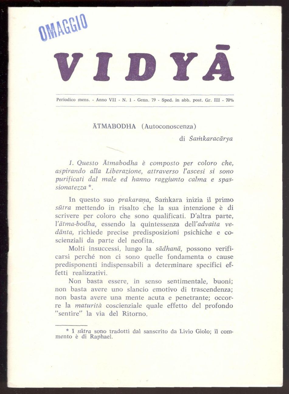 Atmaboda (Autoconoscenza). Vidya. Anno VII . N. 1 - Gennaio …