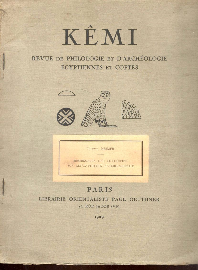 Bemerkungen und Lesefrüchte zur Altägyptischen Naturgeschichte. (In) Kemi. Revue de …