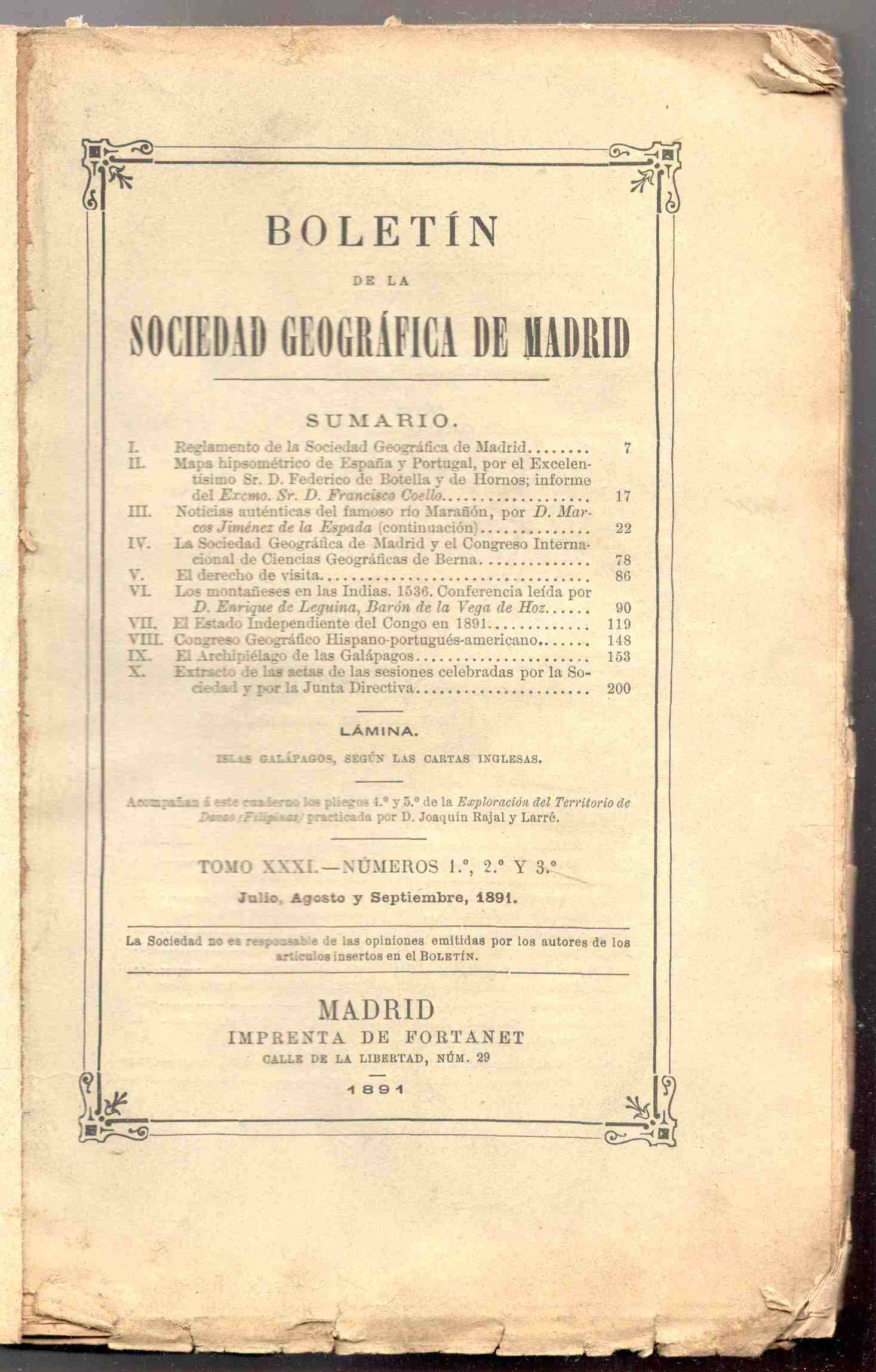 Boletín de la Real Sociedad Geográfica de Madrid. Tomo XXXI. …