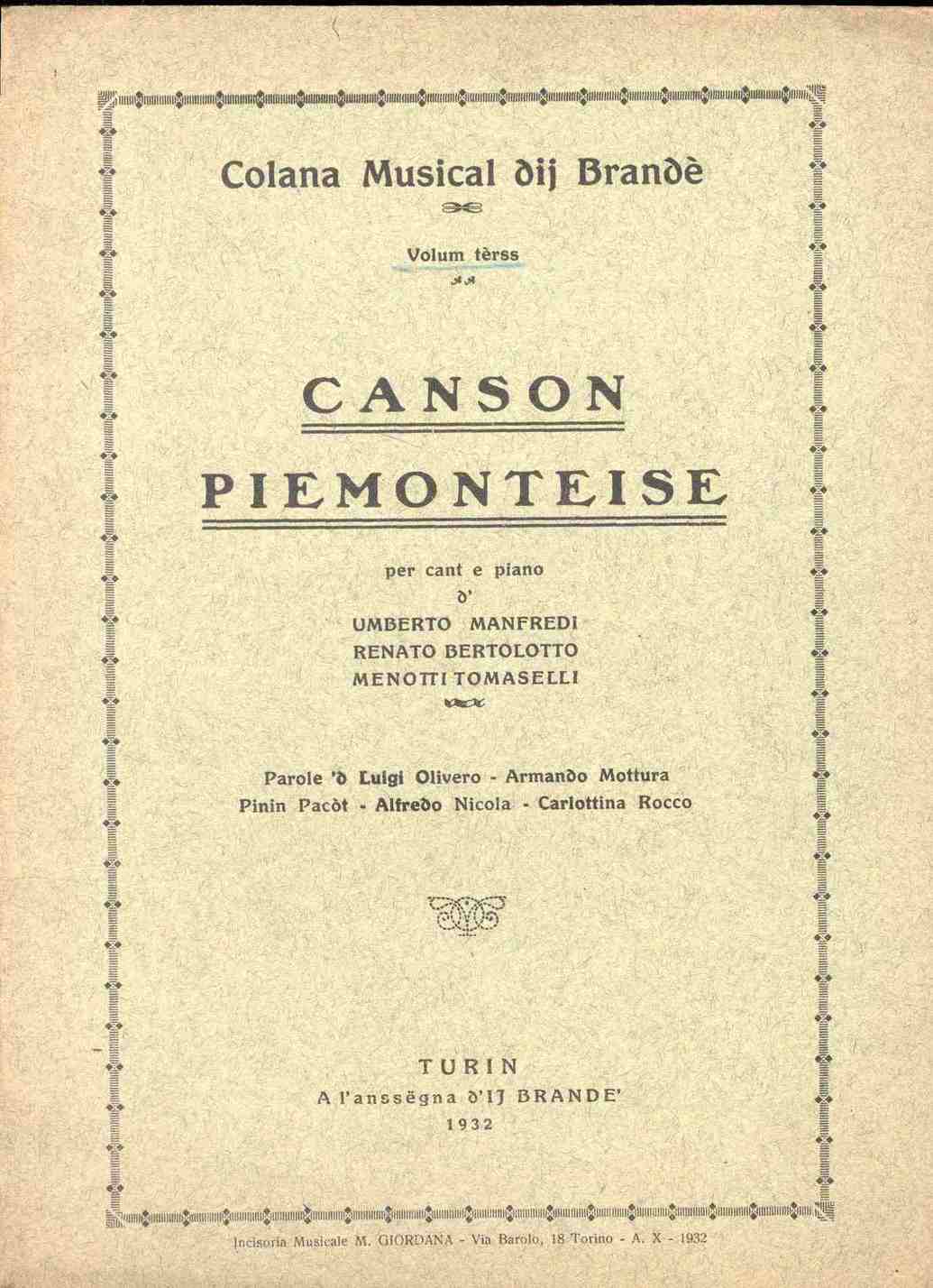 Canson piemonteise per cant e piano d' Umberto Manfredi - …