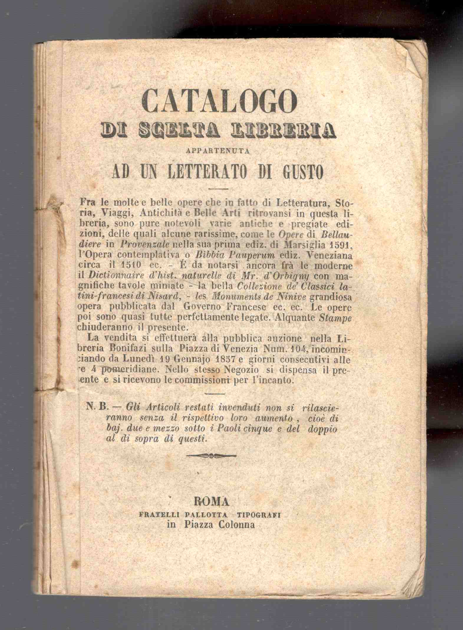 Catalogo di scelta libreria appartenuta ad un letterato di gusto