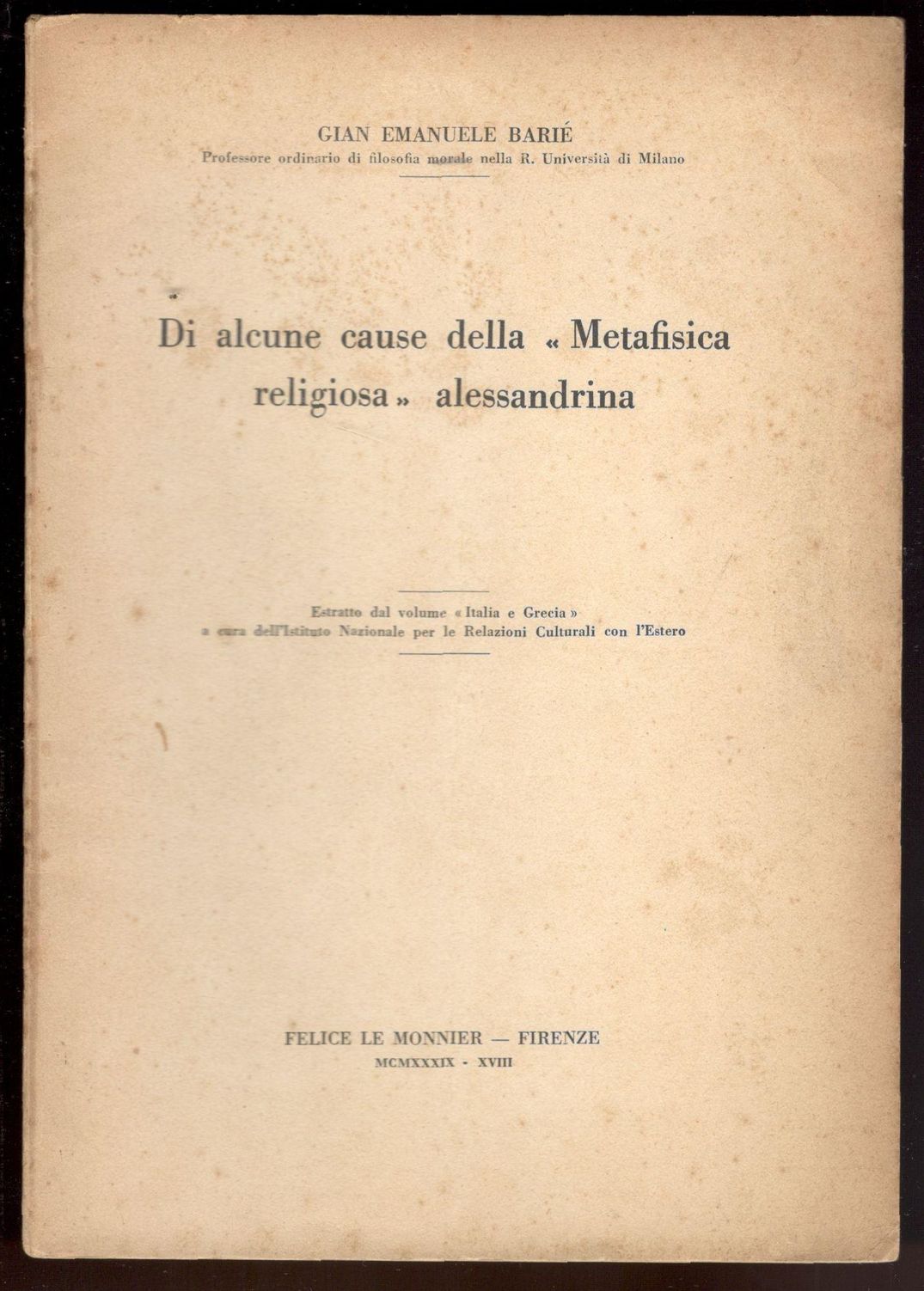Di alcune cause della 'Metafisica religiosa' alessandrina