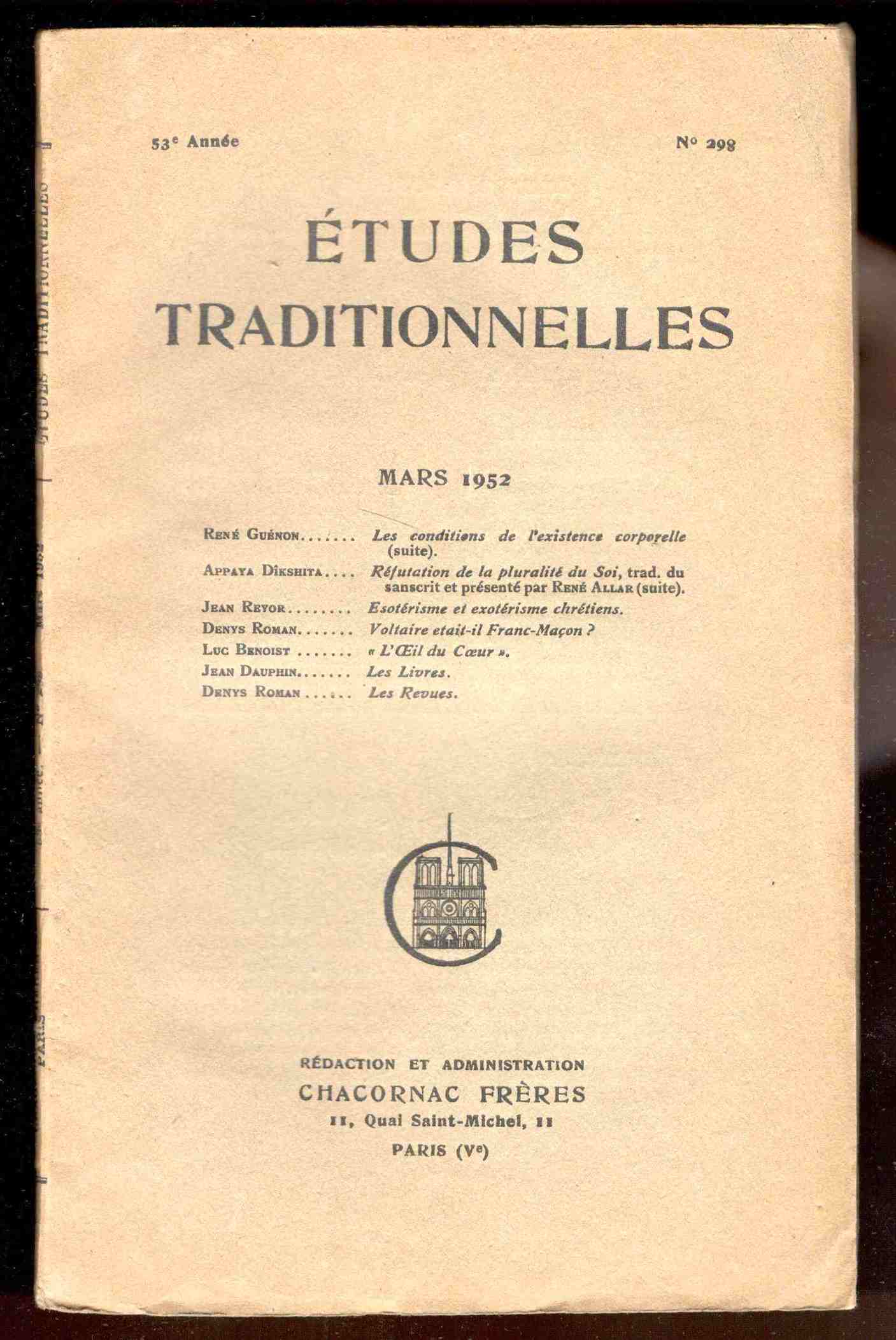 Études Traditionnelles. 53e année. Numero 298. Mars 1952