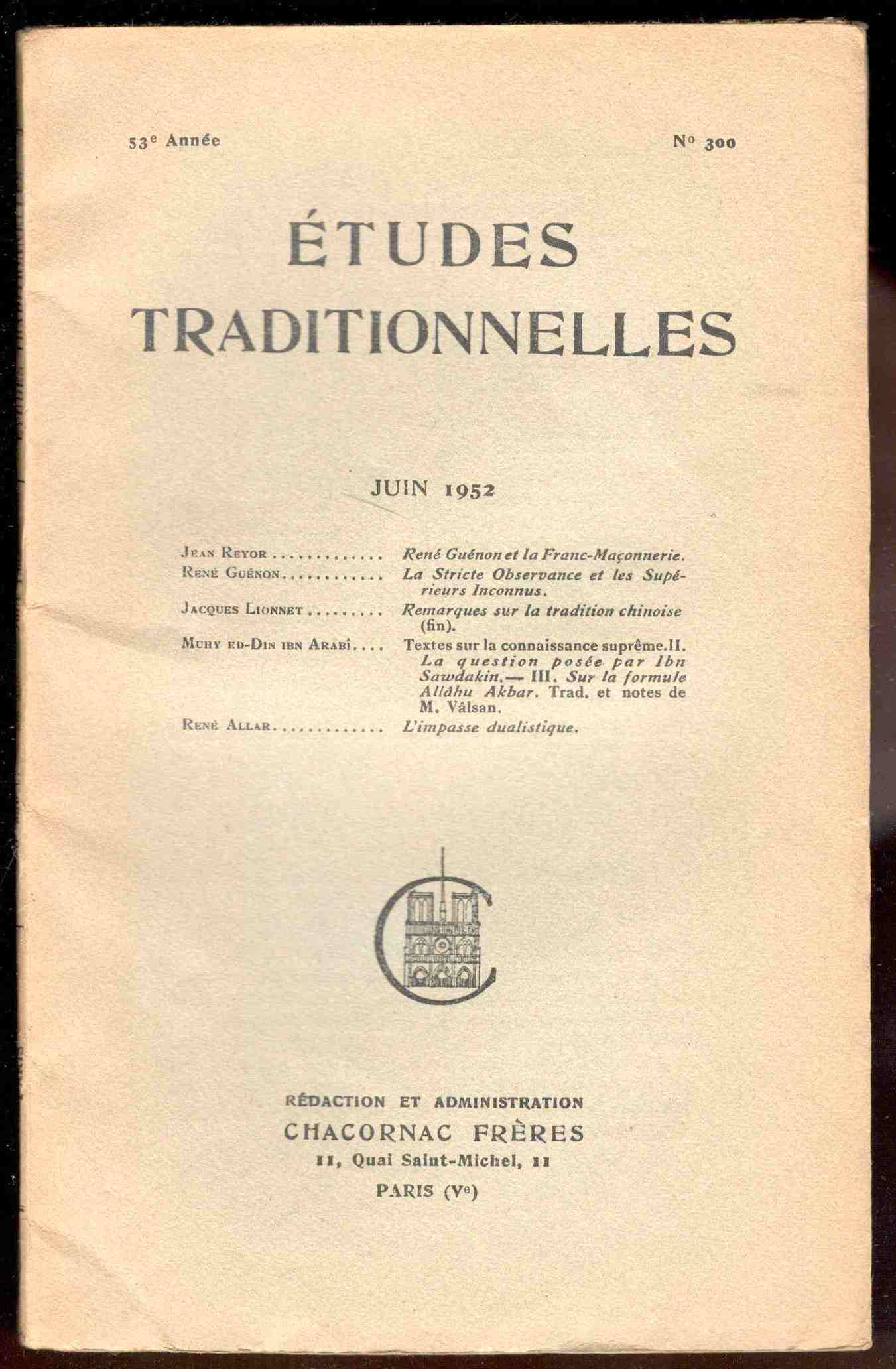 Études Traditionnelles. 53e année. Numero 300. Juin 1952
