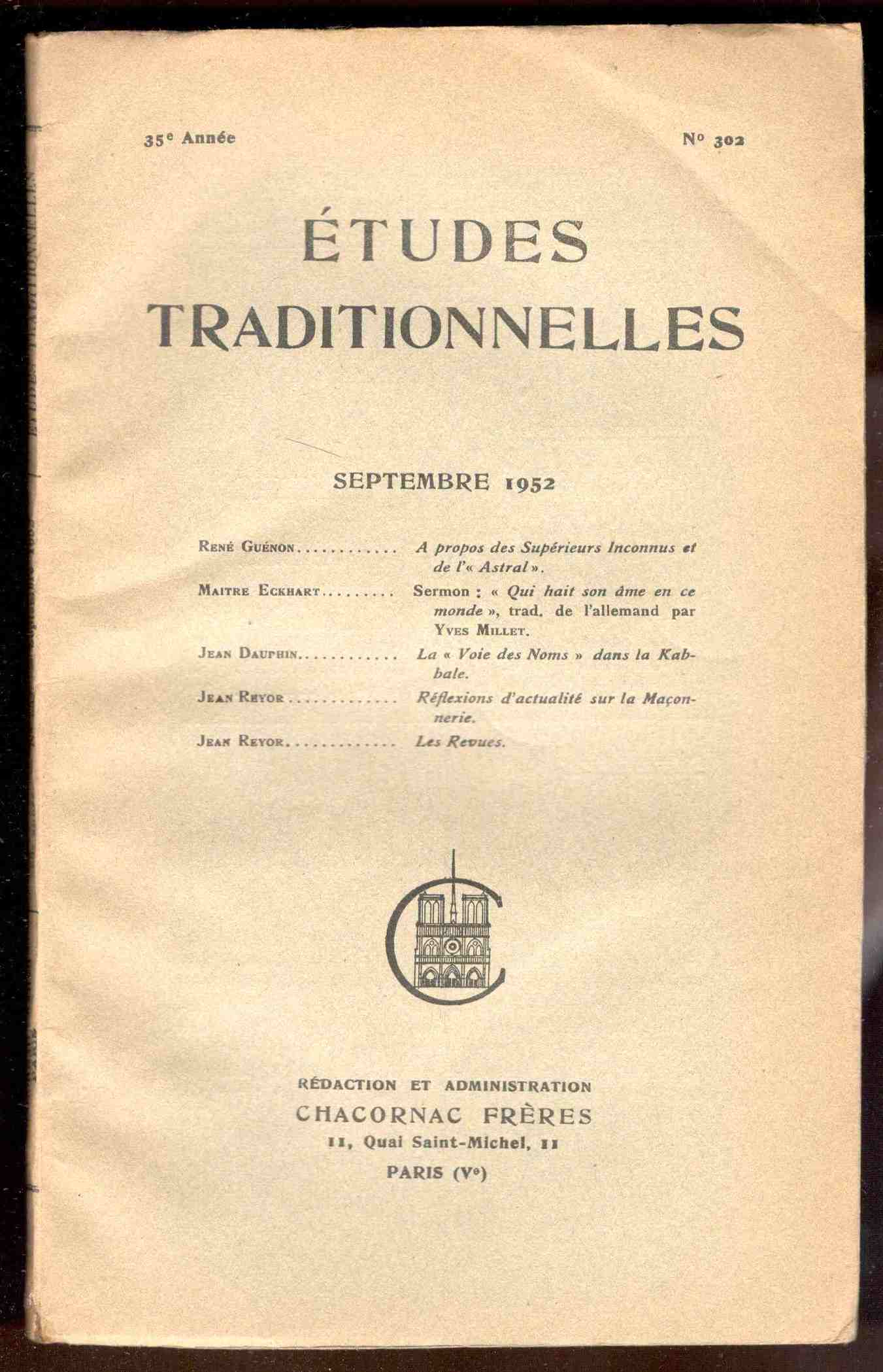Études Traditionnelles. 53e année. Numero 302. Septembre 1952