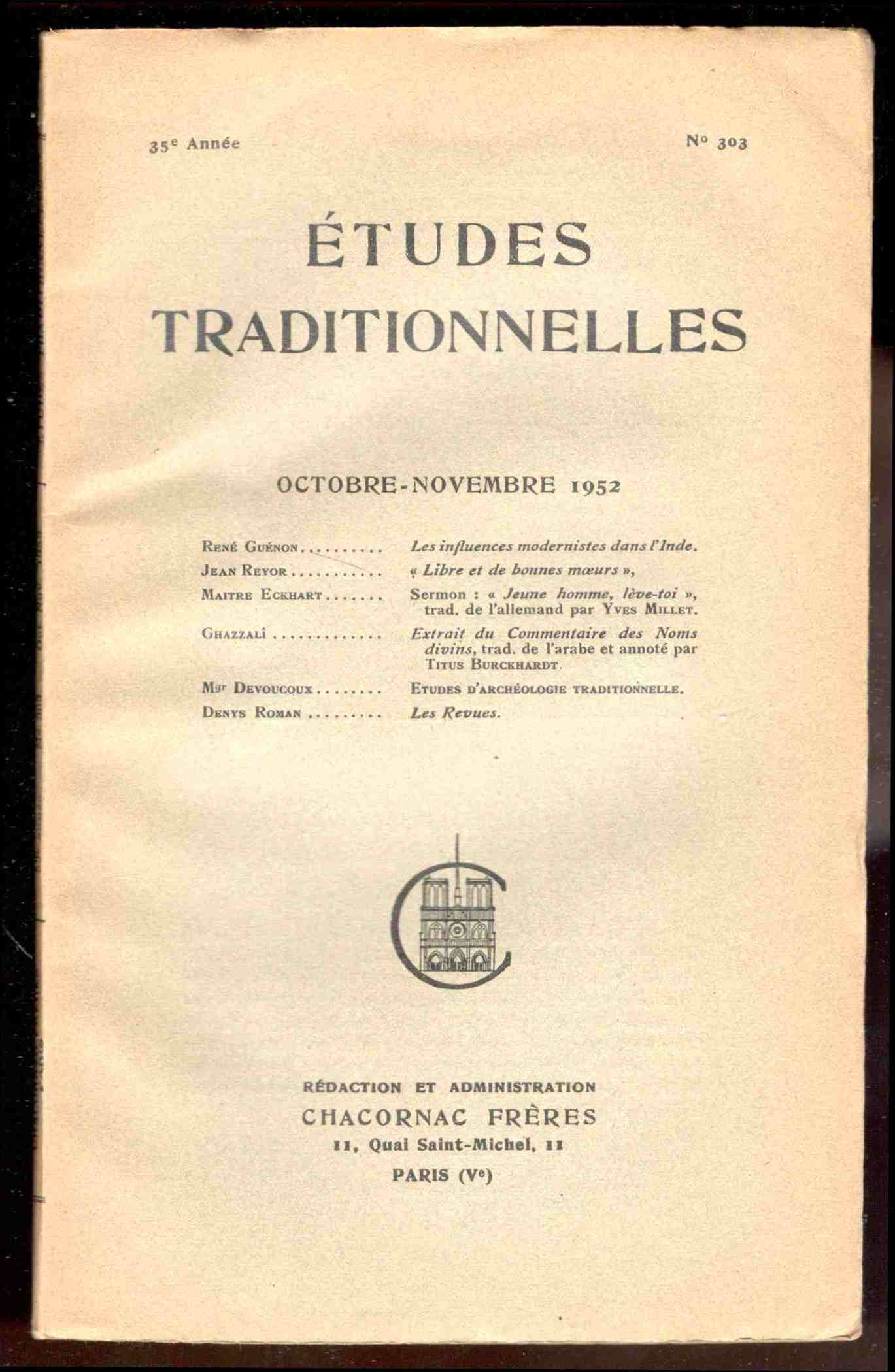 Études Traditionnelles. 53e année. Numero 303. Octobre-Novembre 1952