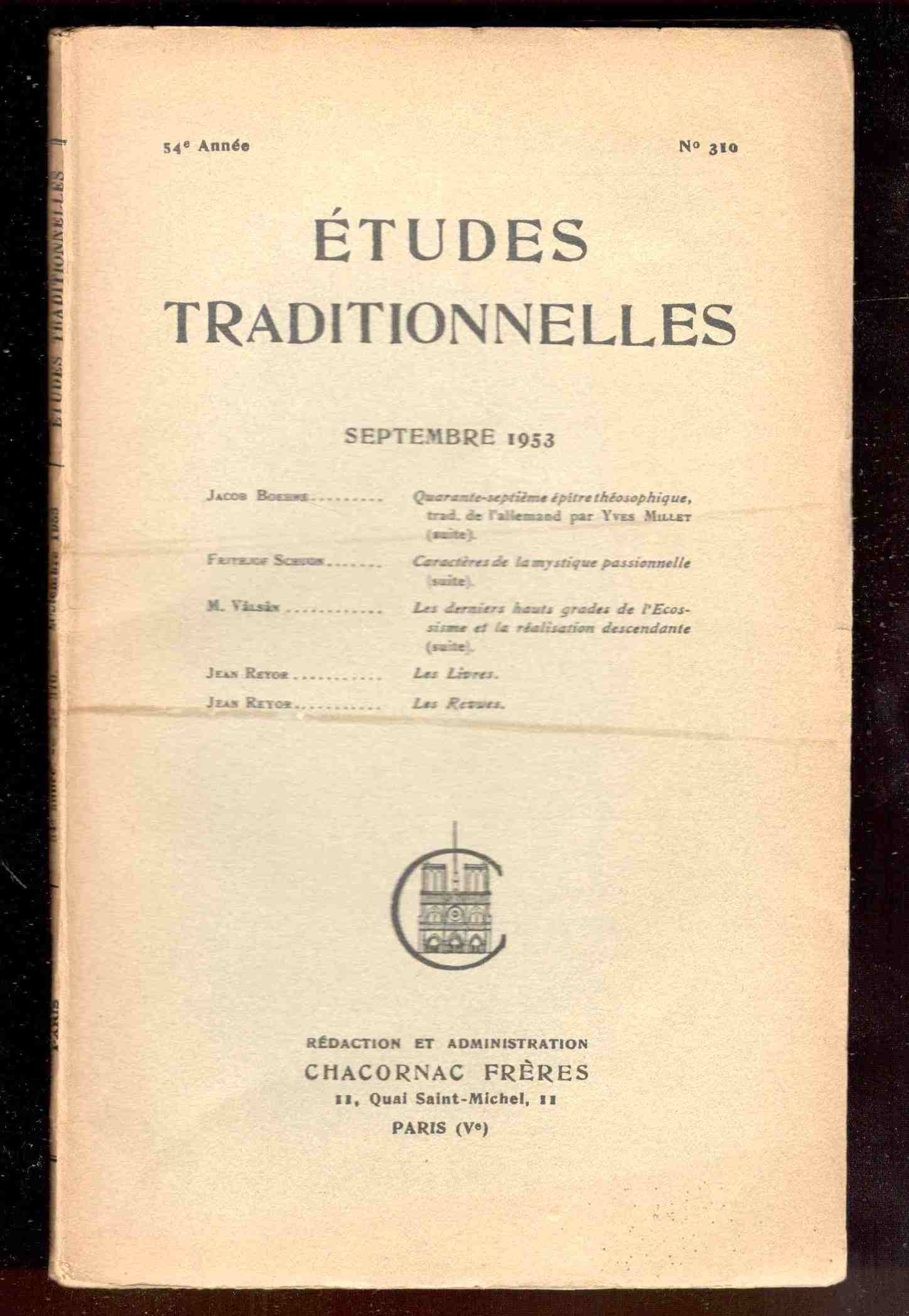 Études Traditionnelles. 54e année. Numero 310. Septembre 1953