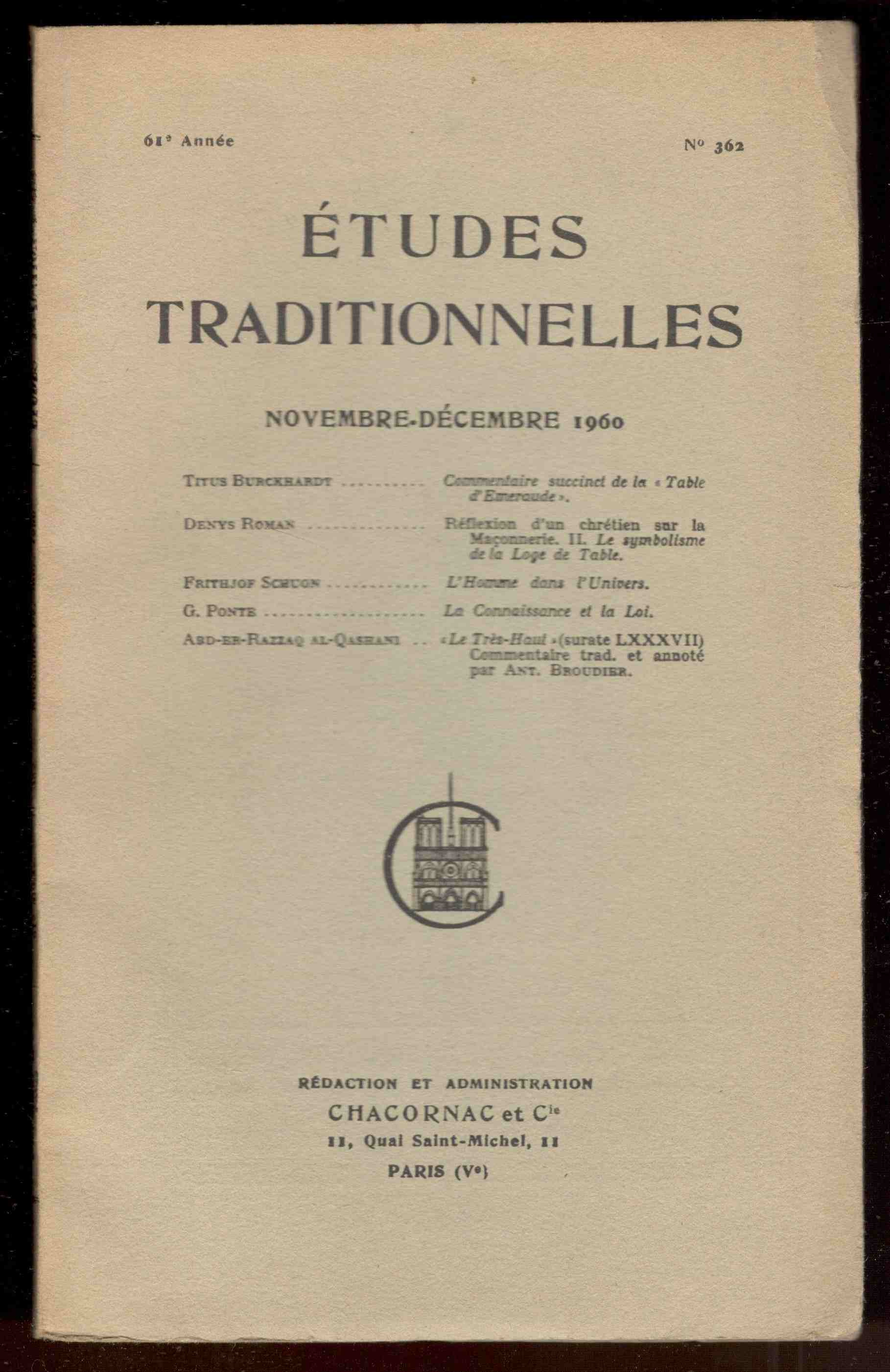 Études Traditionnelles. 61e année. N°362. Novembre - Décembre 1960
