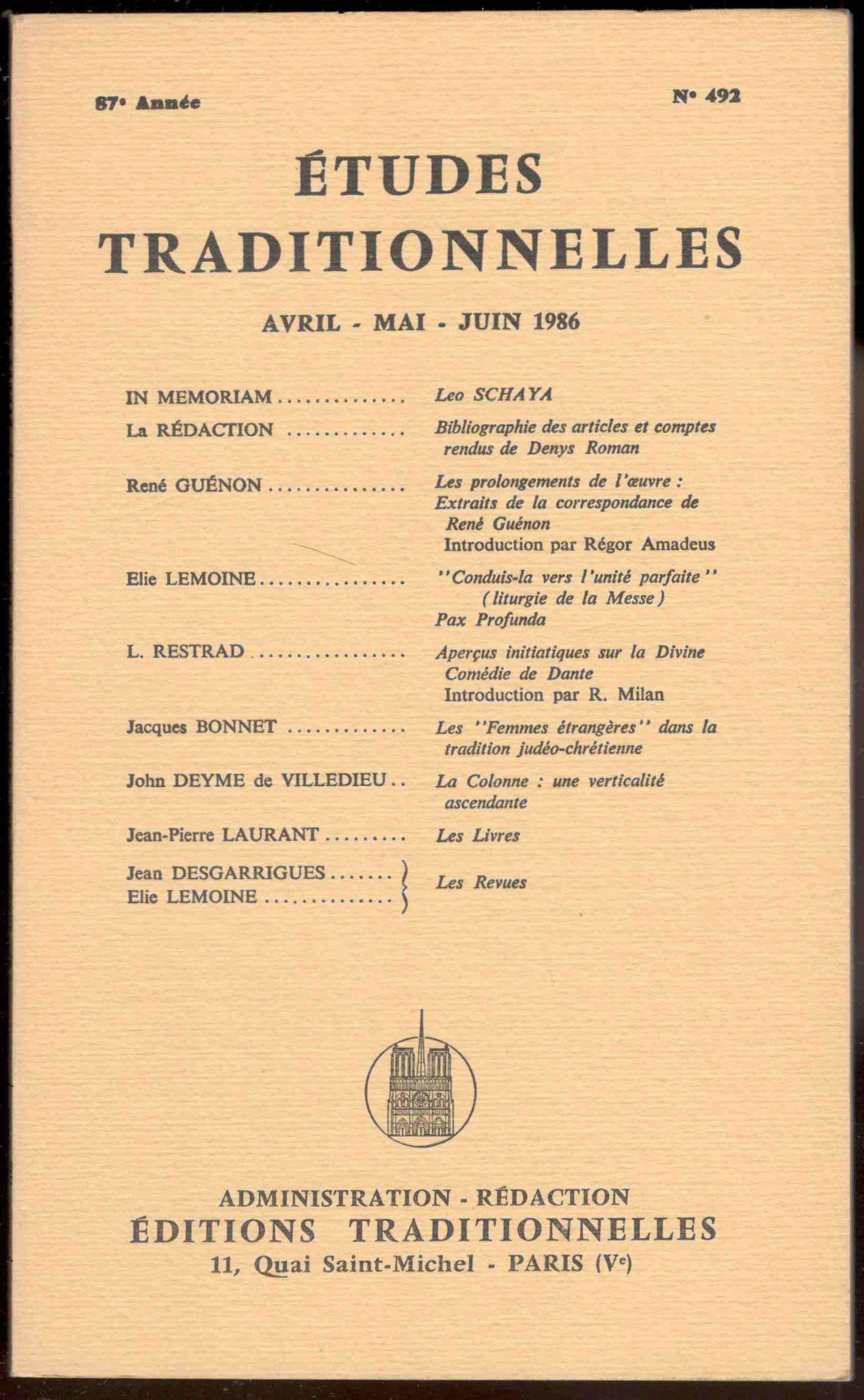 Études Traditionnelles. 87e année. Numero 492. Avril-Mai-Juin 1986