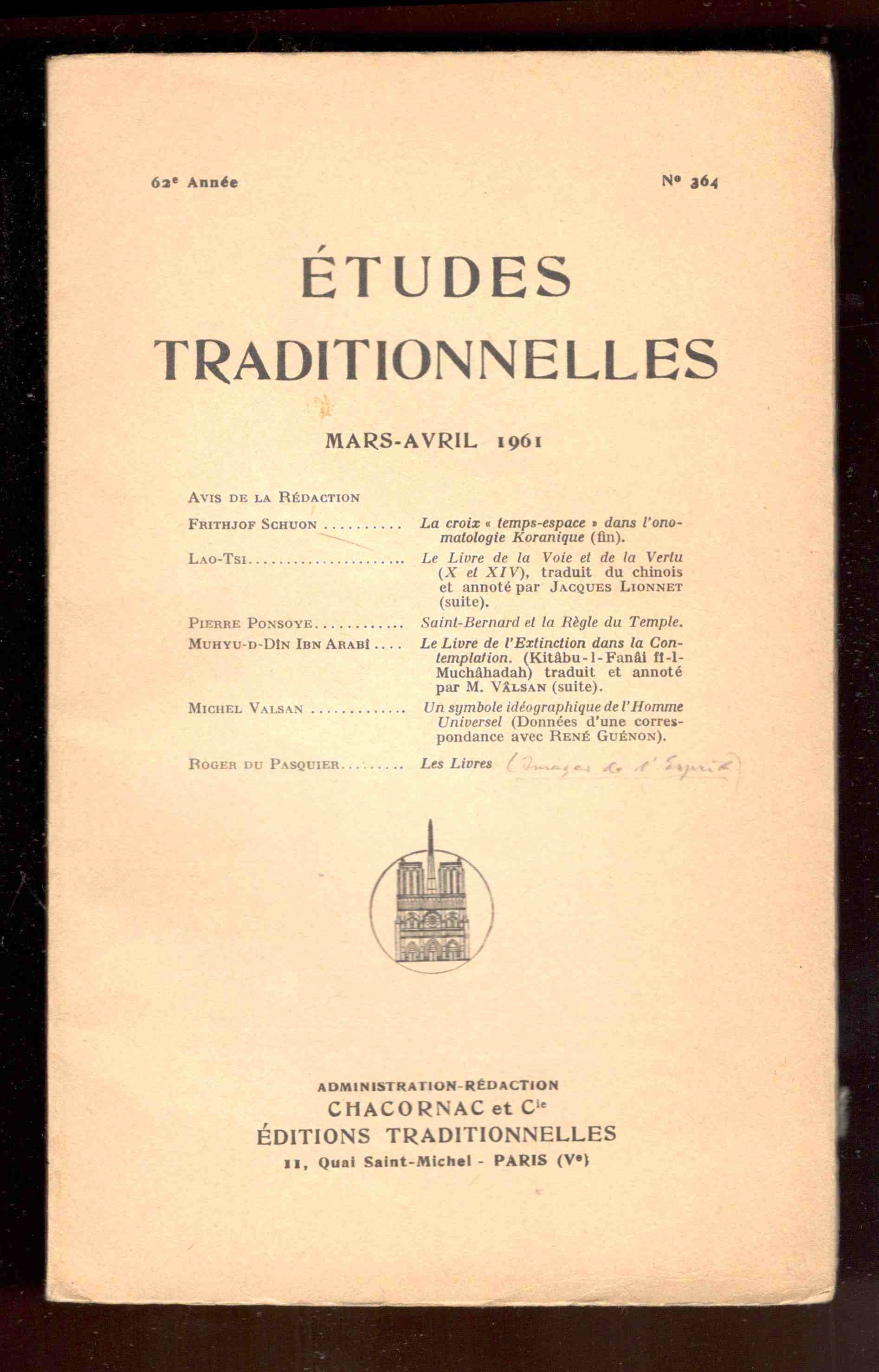 Études Traditionnelles. 62e année. N°364. Mars-Avril 1961