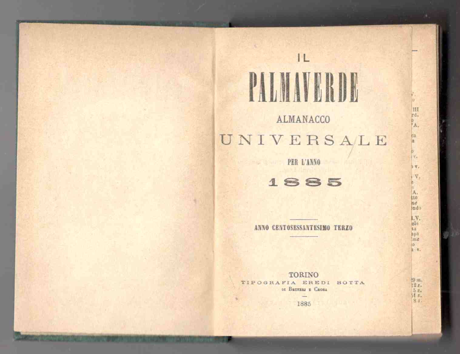 Il Palmaverde almanacco universale per l'anno 1885. Anno centosessantesimo terzo