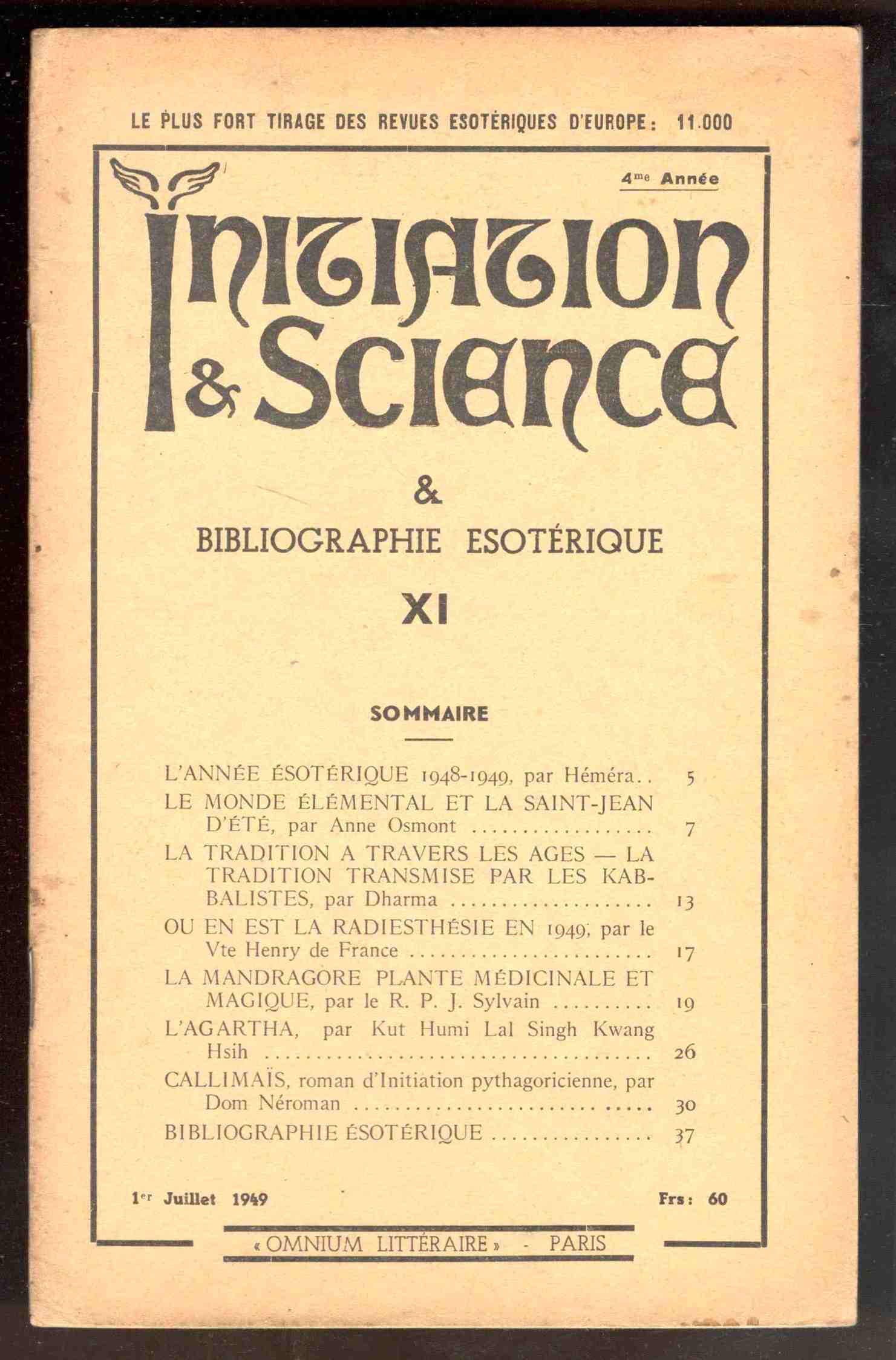 Initiation et science et bibliographie ésotérique. XI, Juillet 1949