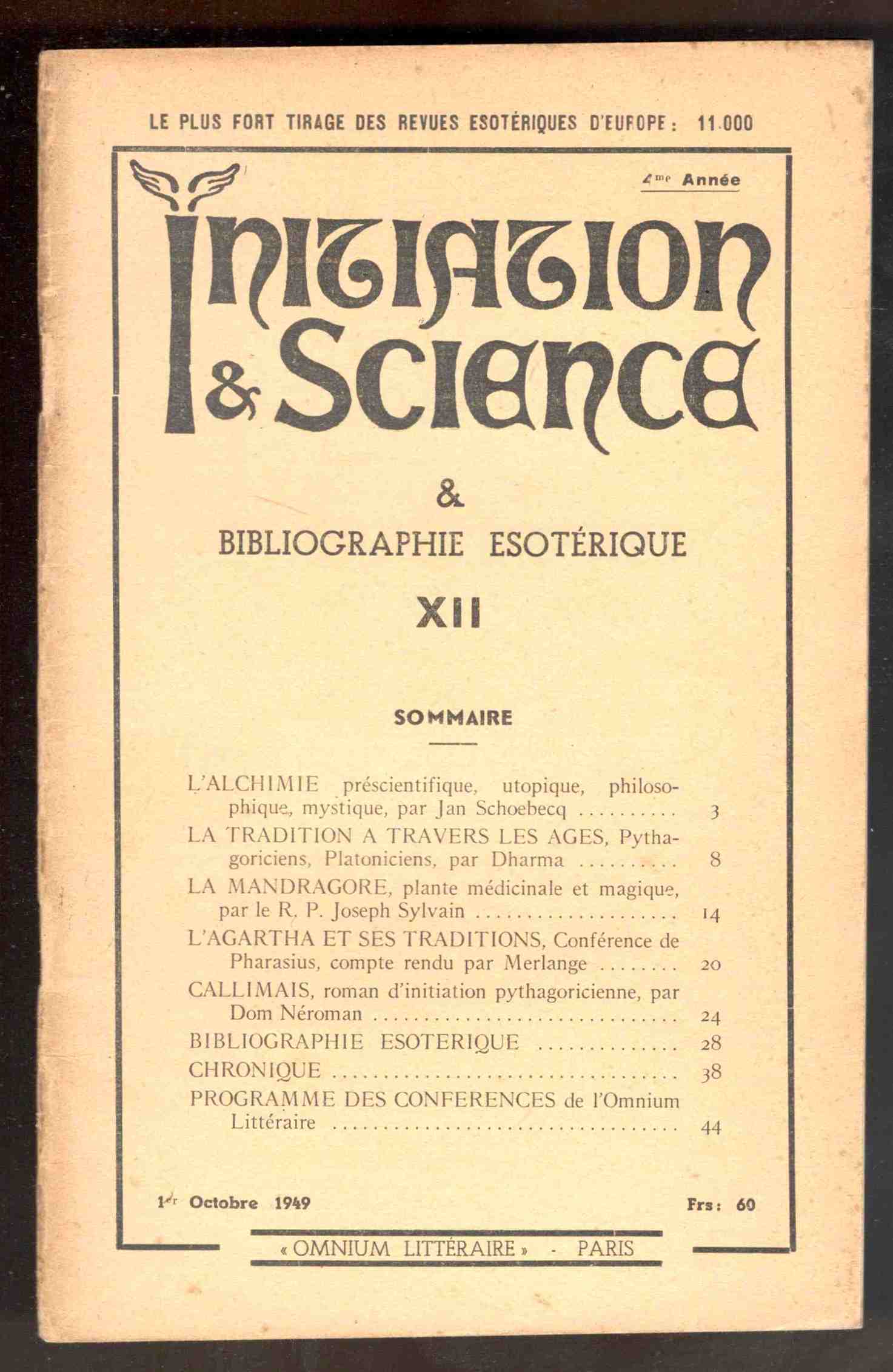 Initiation et science et bibliographie ésotérique. XII, Octobre 1949