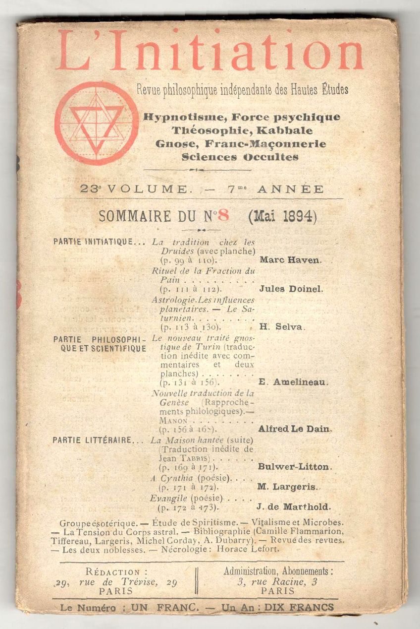 L'Initiation. Revue philosophique des Hautes Études. Publiée mensuellement sous la …