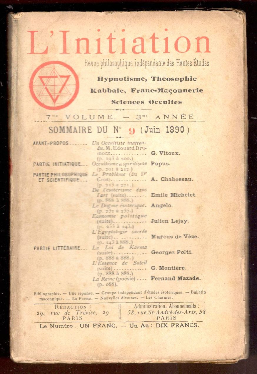 L'Initiation. Revue philosophique indépendante des Hautes Etudes. Hypnotisme, Théosophie, Kabbale, …