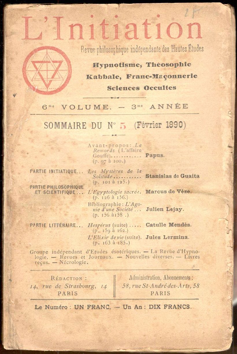 L'Initiation. Revue philosophique indépendante des Hautes Etudes. Hypnotisme, Théosophie, Kabbale, …