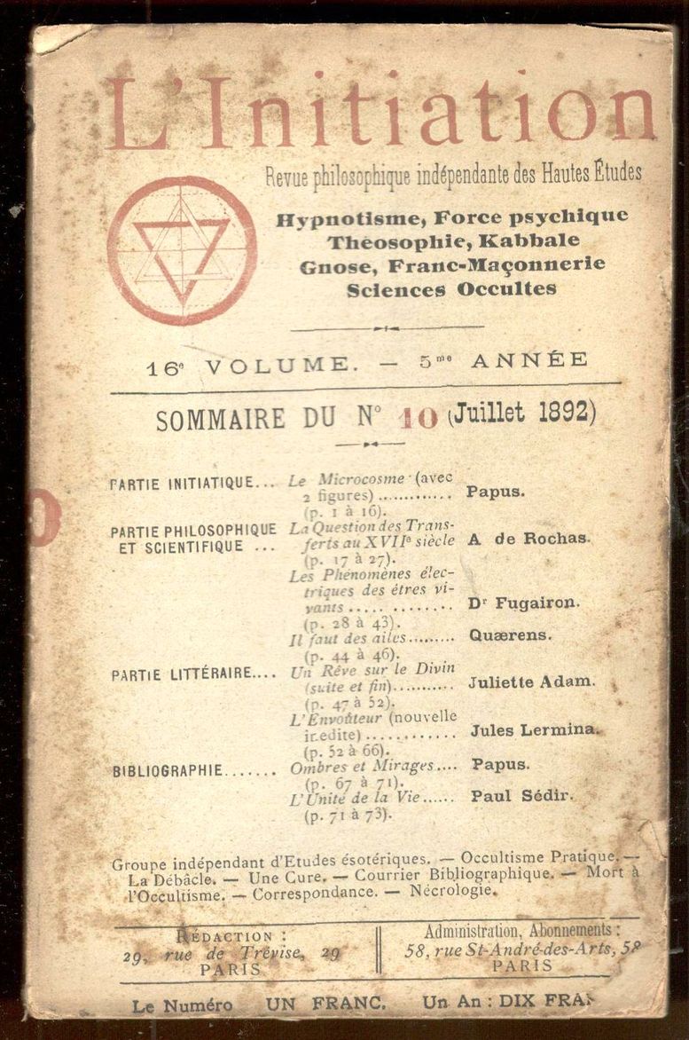 L'Initiation. Revue philosophique indépendante des Hautes Etudes. Hypnotisme, Théosophie, Kabbale, …