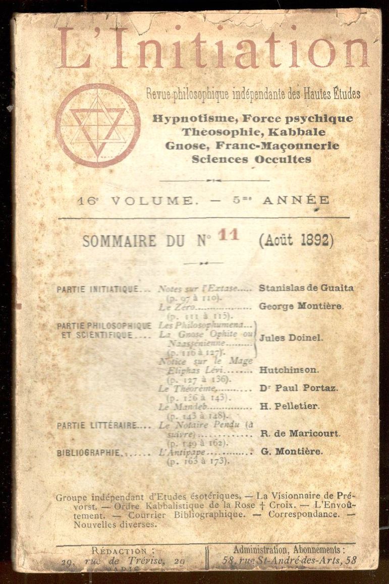 L'Initiation. Revue philosophique indépendante des Hautes Etudes. Hypnotisme, Théosophie, Kabbale, …