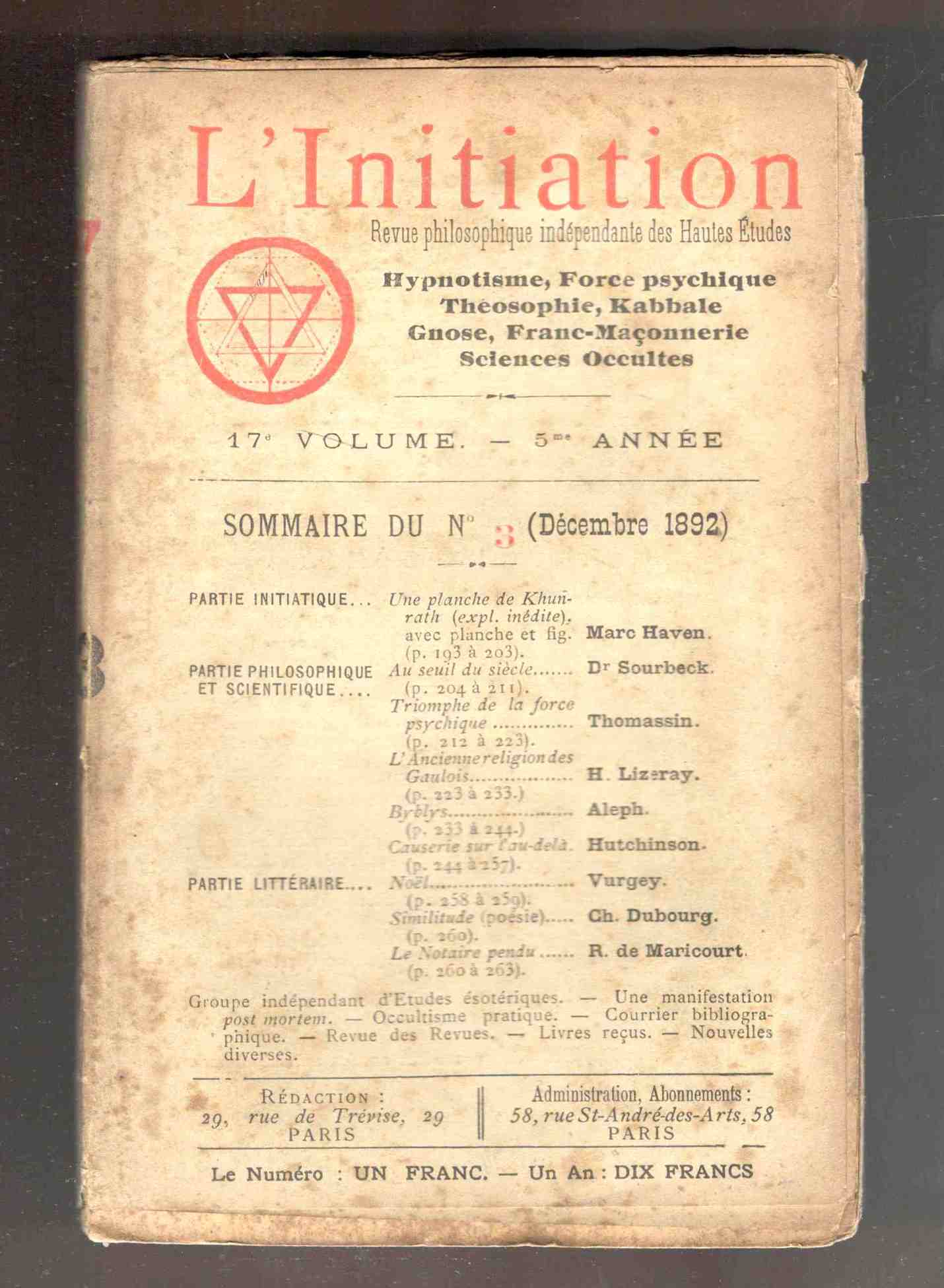 L'Initiation. Revue philosophique indépendante des Hautes Etudes. Hypnotisme, Théosophie, Kabbale, …