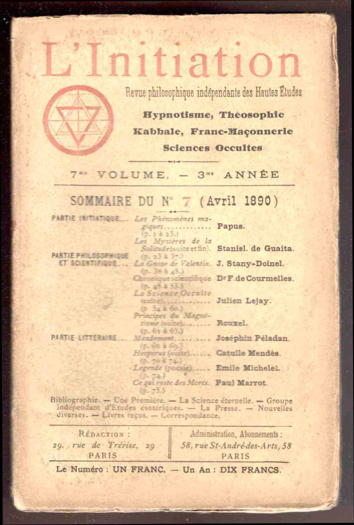 L'Initiation. Revue philosophique indépendante des Hautes Etudes. Hypnotisme, Théosophie, Kabbale, …