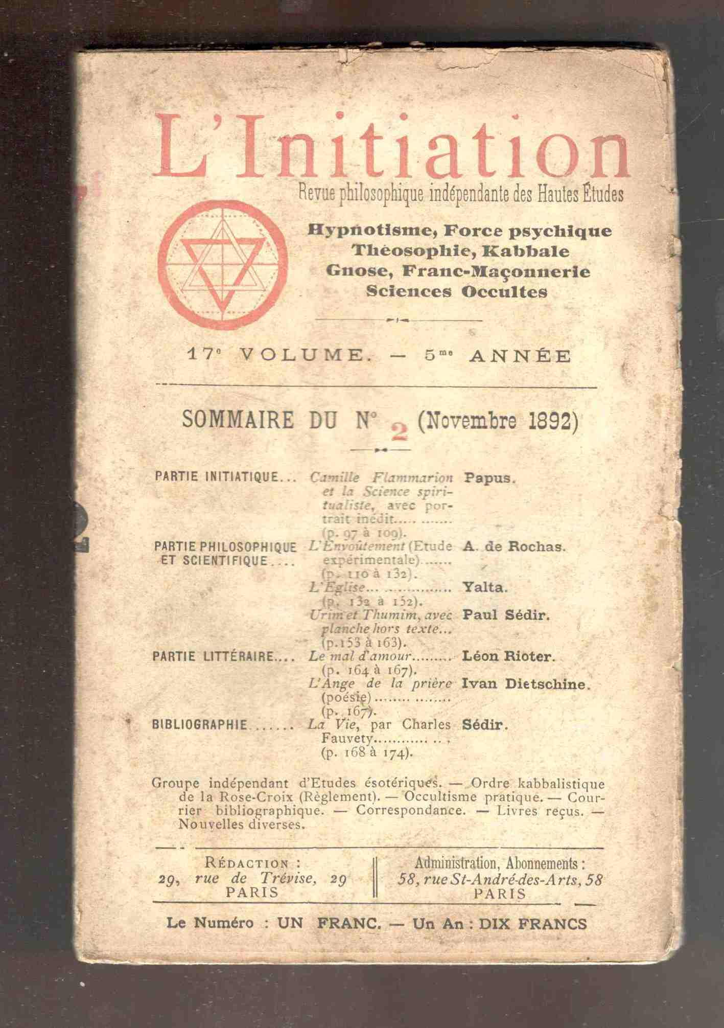 L'Initiation. Revue philosophique indépendante des Hautes Etudes. Hypnotisme, Théosophie, Kabbale, …