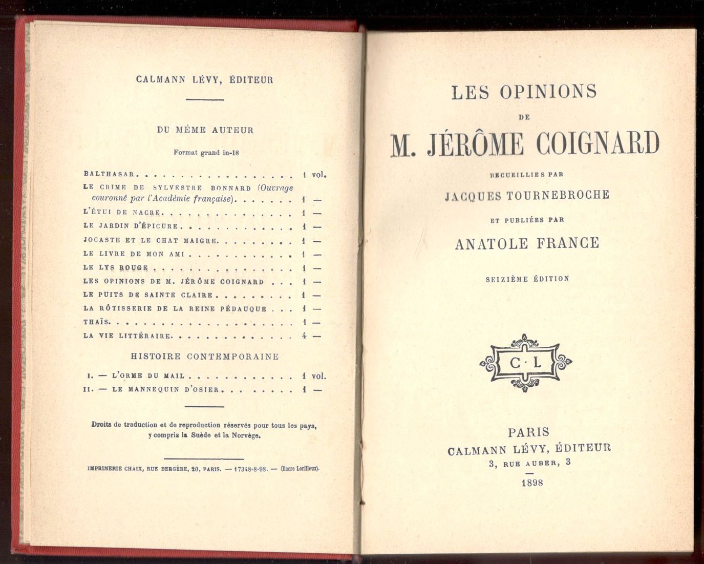 Les opinions de M. Jérôme Coignard recueillies par Jacques Tournebroche