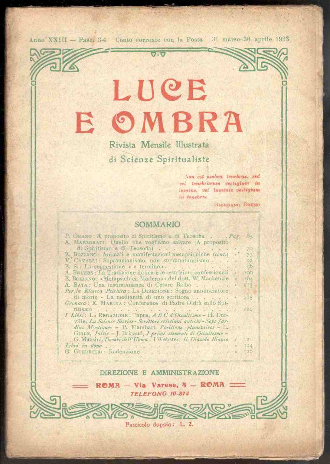 Luce e Ombra. Rivista mensile di Scienze Spiritualiste. Fascicolo 3-4, …