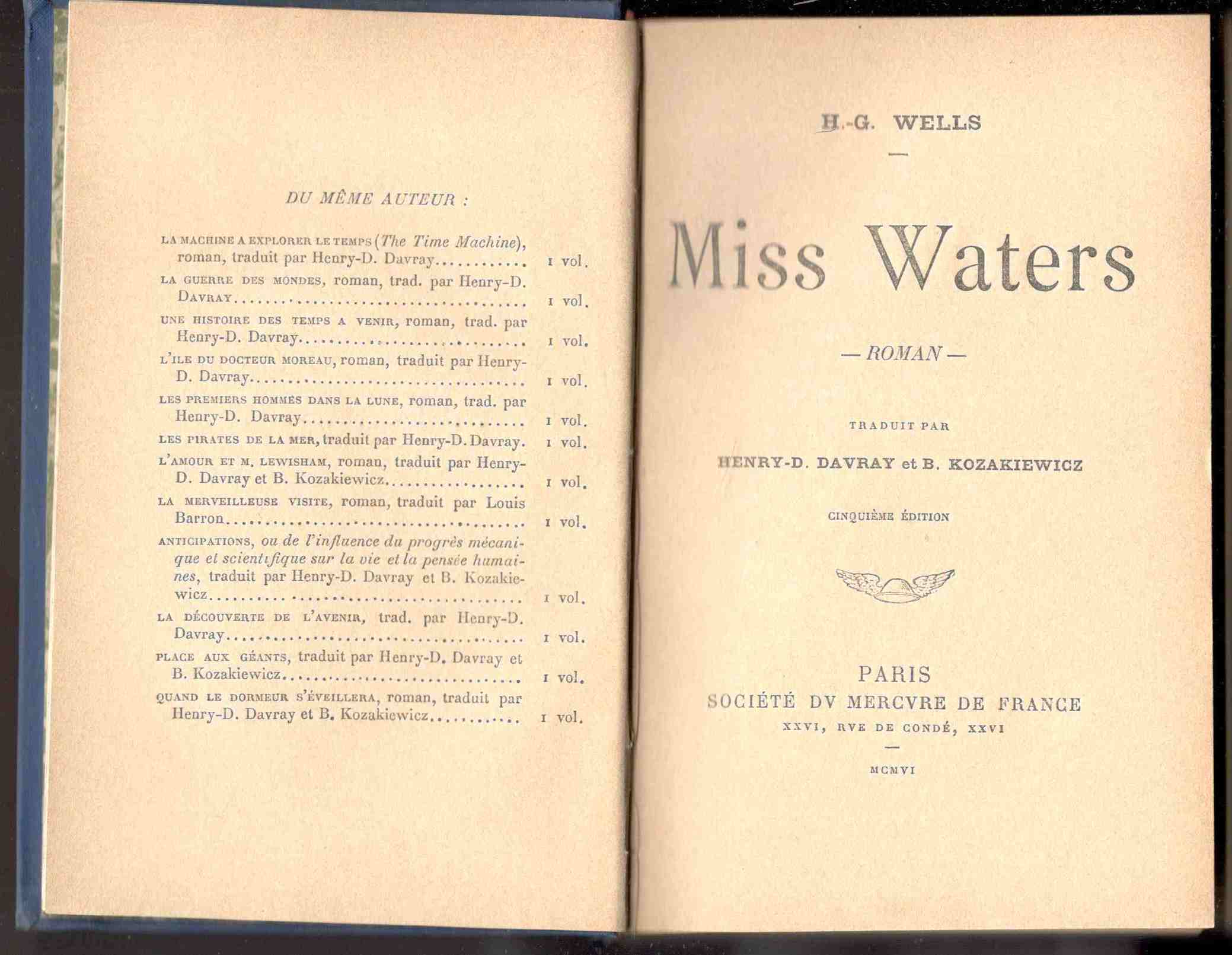Miss Waters. Roman. Traduit par Henry-D. Davray et B. Kozakiewicz