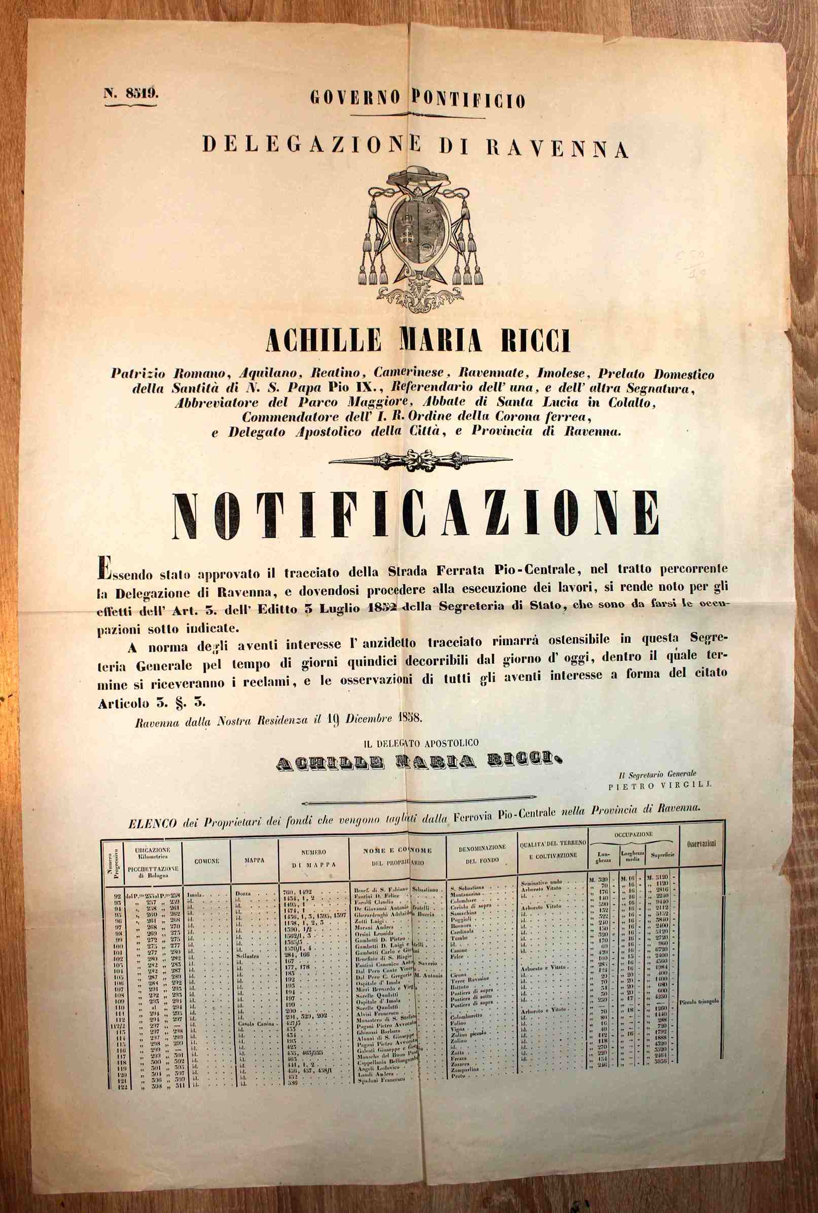 Notificazione del tracciato della Strada Ferrata Pio-Centrale nel tratto percorrente …