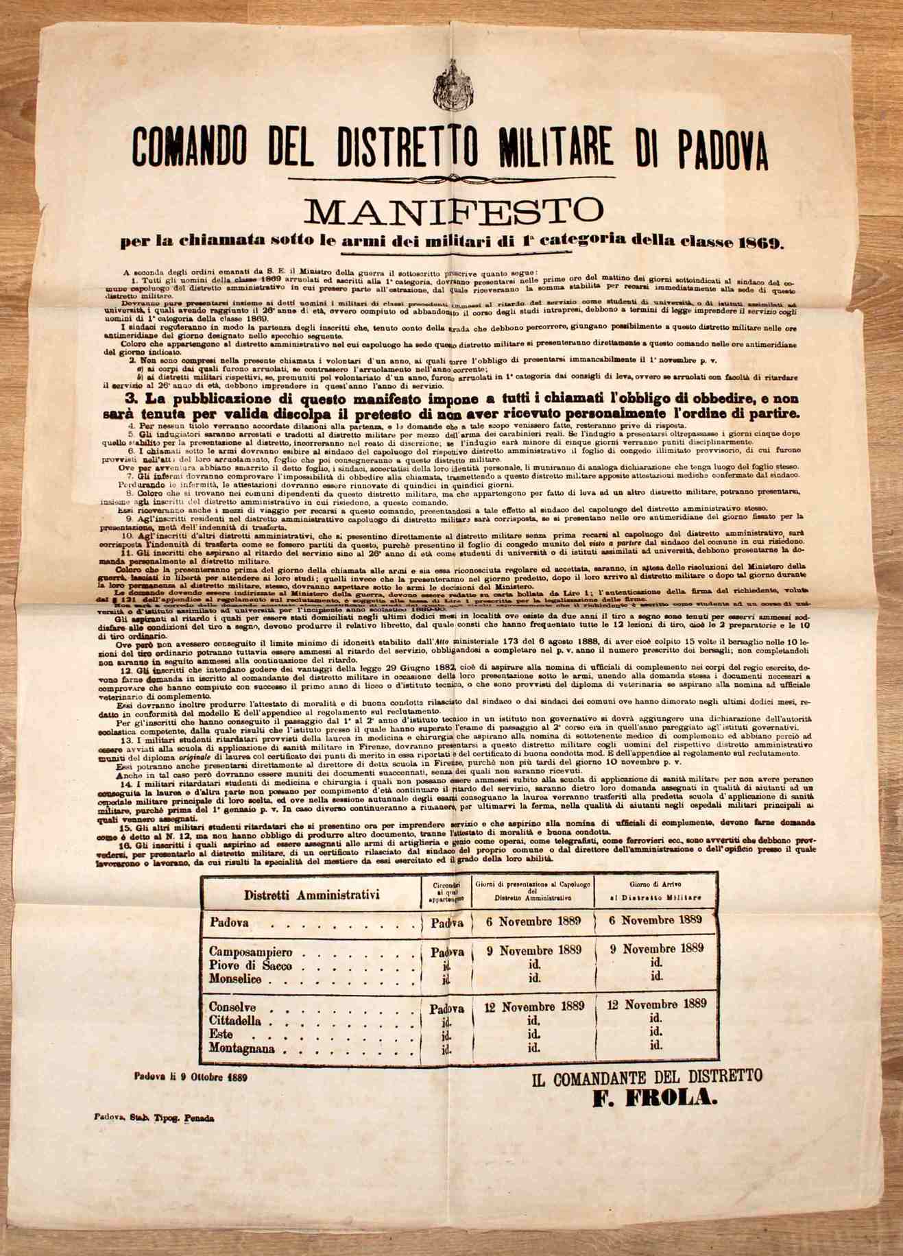 Padova. Comando del Distretto Militare. Manifesto per la chiamata sotto …