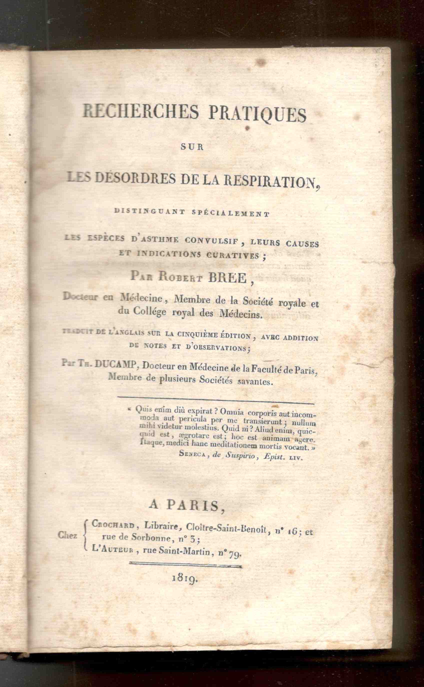 Recherches pratiques sur les désordres de la respiration, distinguant spécialement …