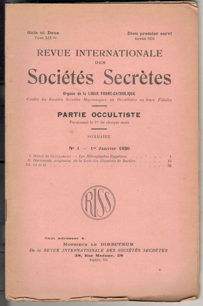 Revue internationale des sociétés secrètes. Tome XIX, année 1930, N° …