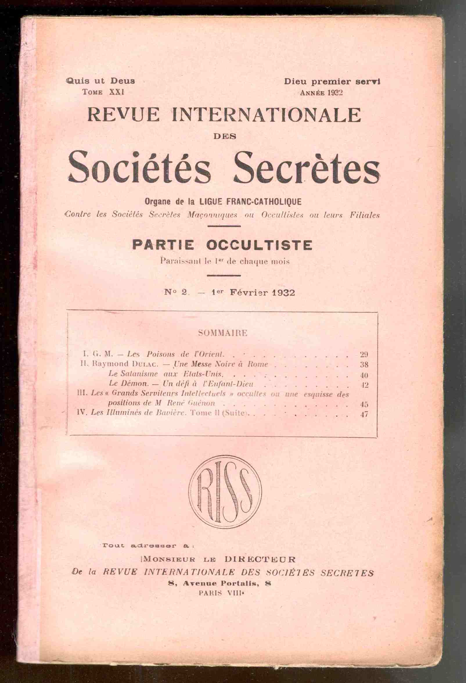 Revue internationale des sociétés secrètes. Tome XIX, année 1932, n° …