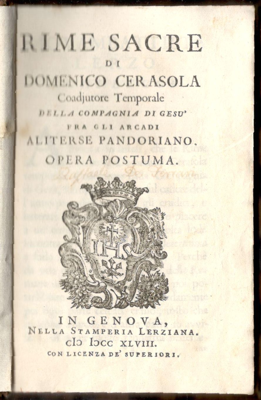 Rime sacre di Domenico Cerasola. Coadiutore Temporale della Compagnia di …