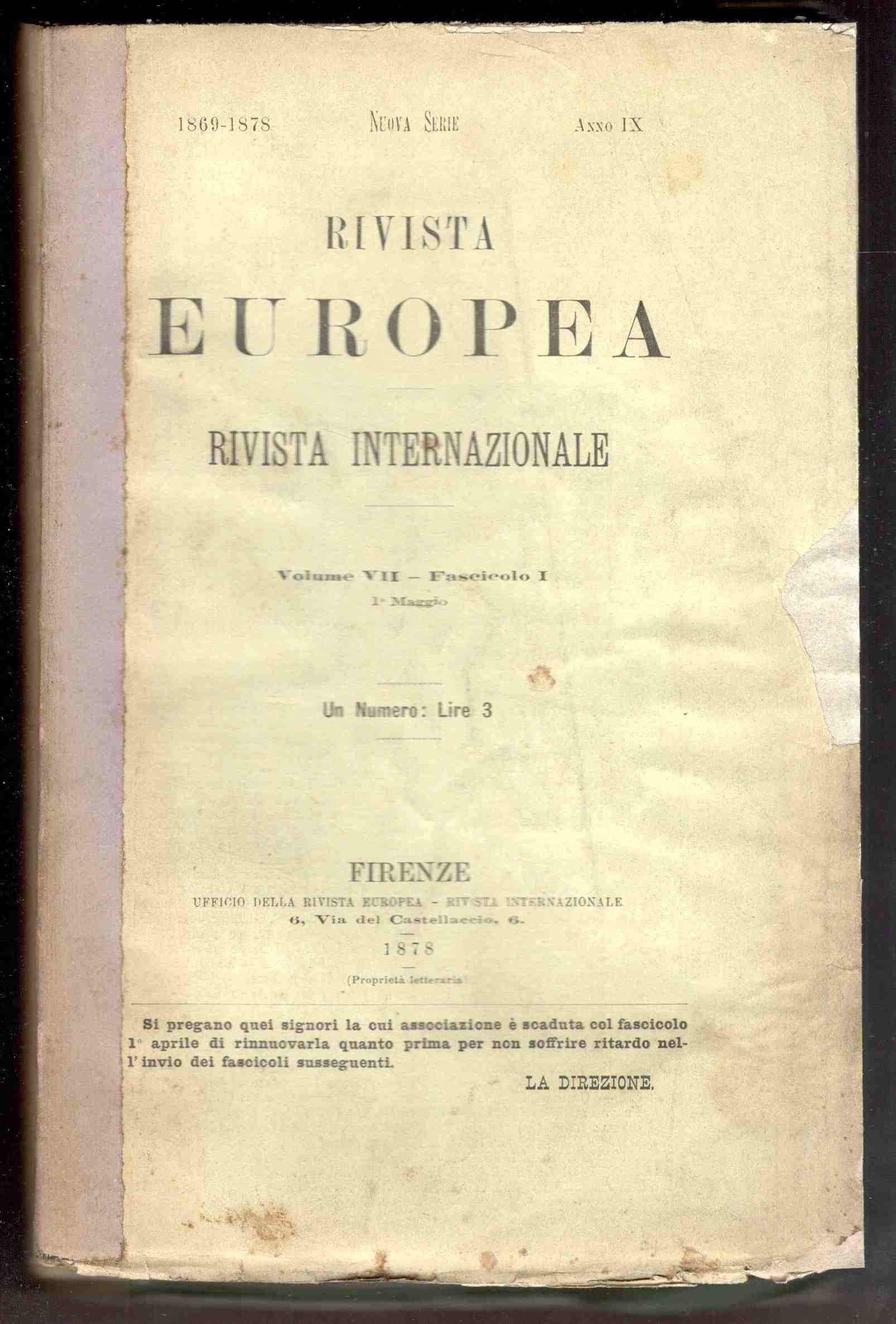Rivista Europea. - Rivista Internazionale. Volume VII. Fascicoli I-IV. Maggio-Giugno …