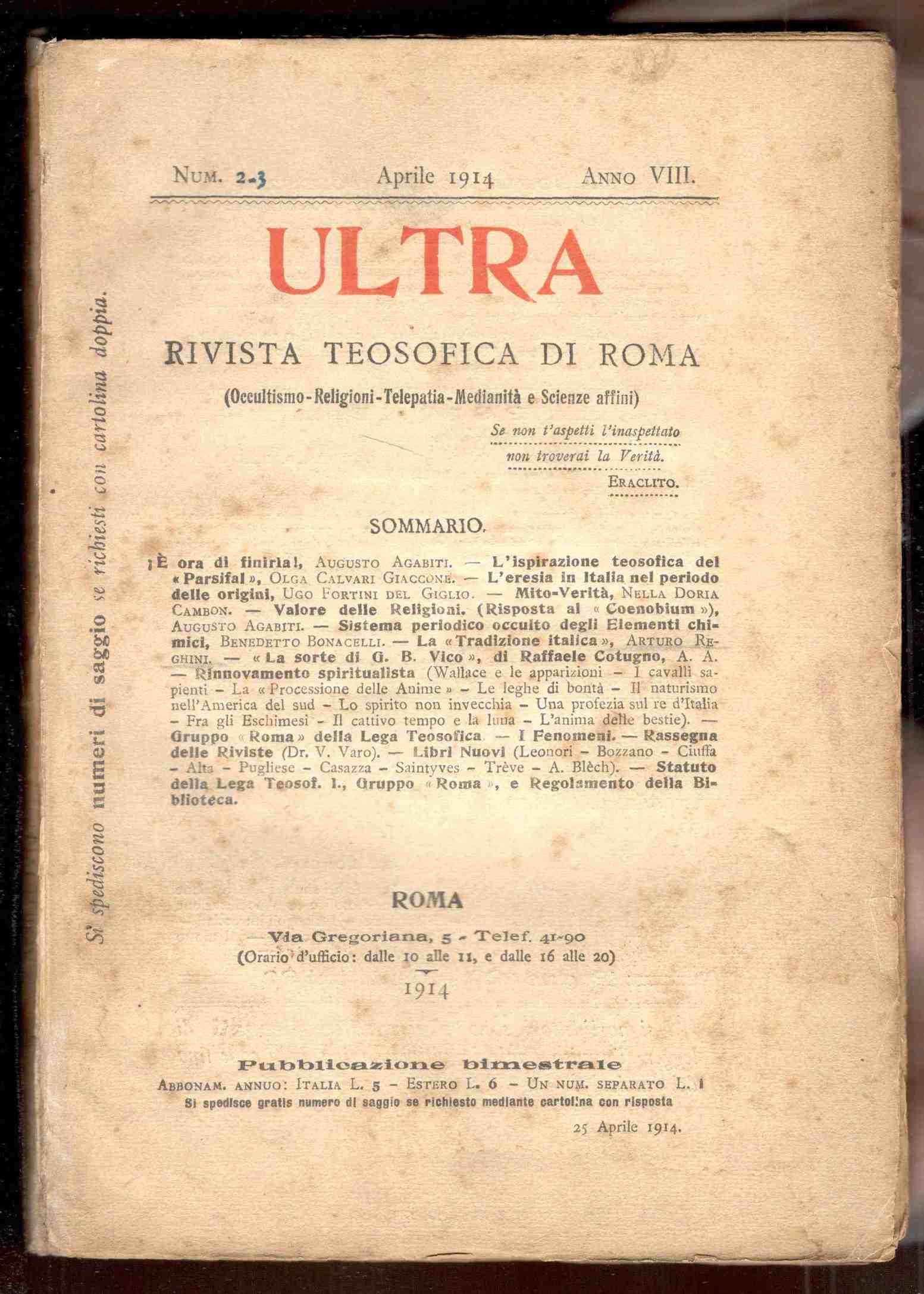 ULTRA. Rivista teosofica di Roma (Occultismo, Religioni, Telepatia, Medianità e …