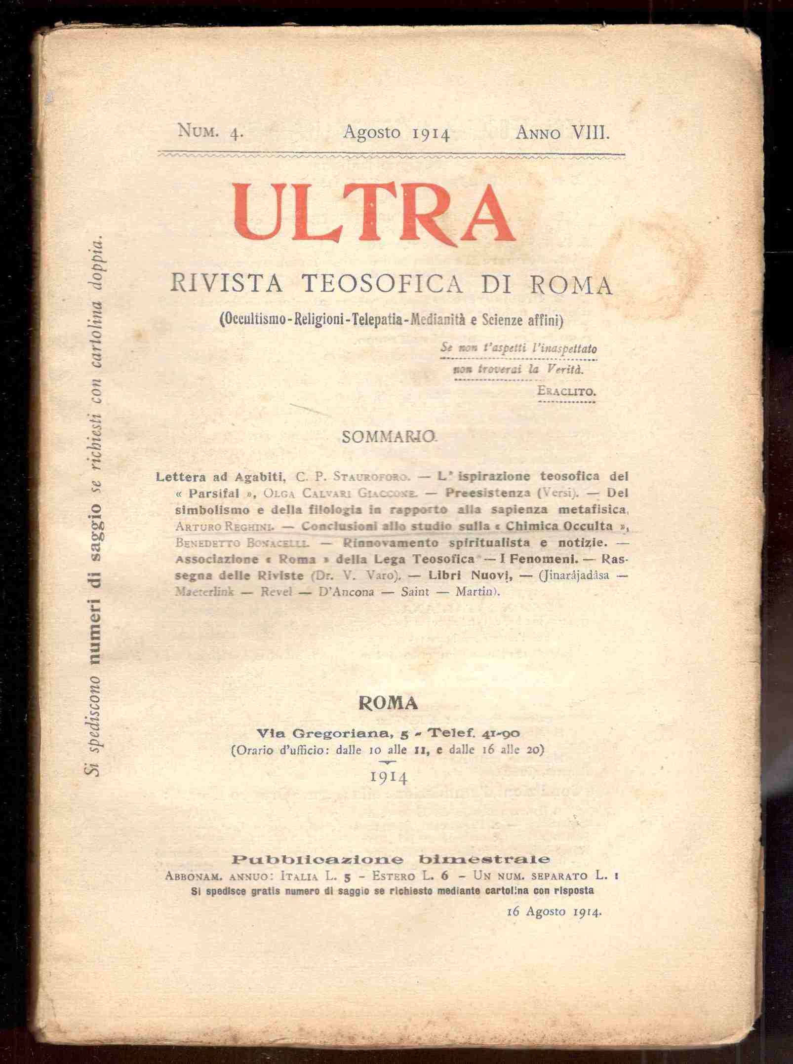 ULTRA. Rivista teosofica di Roma (Occultismo, Religioni, Telepatia, Medianità e …