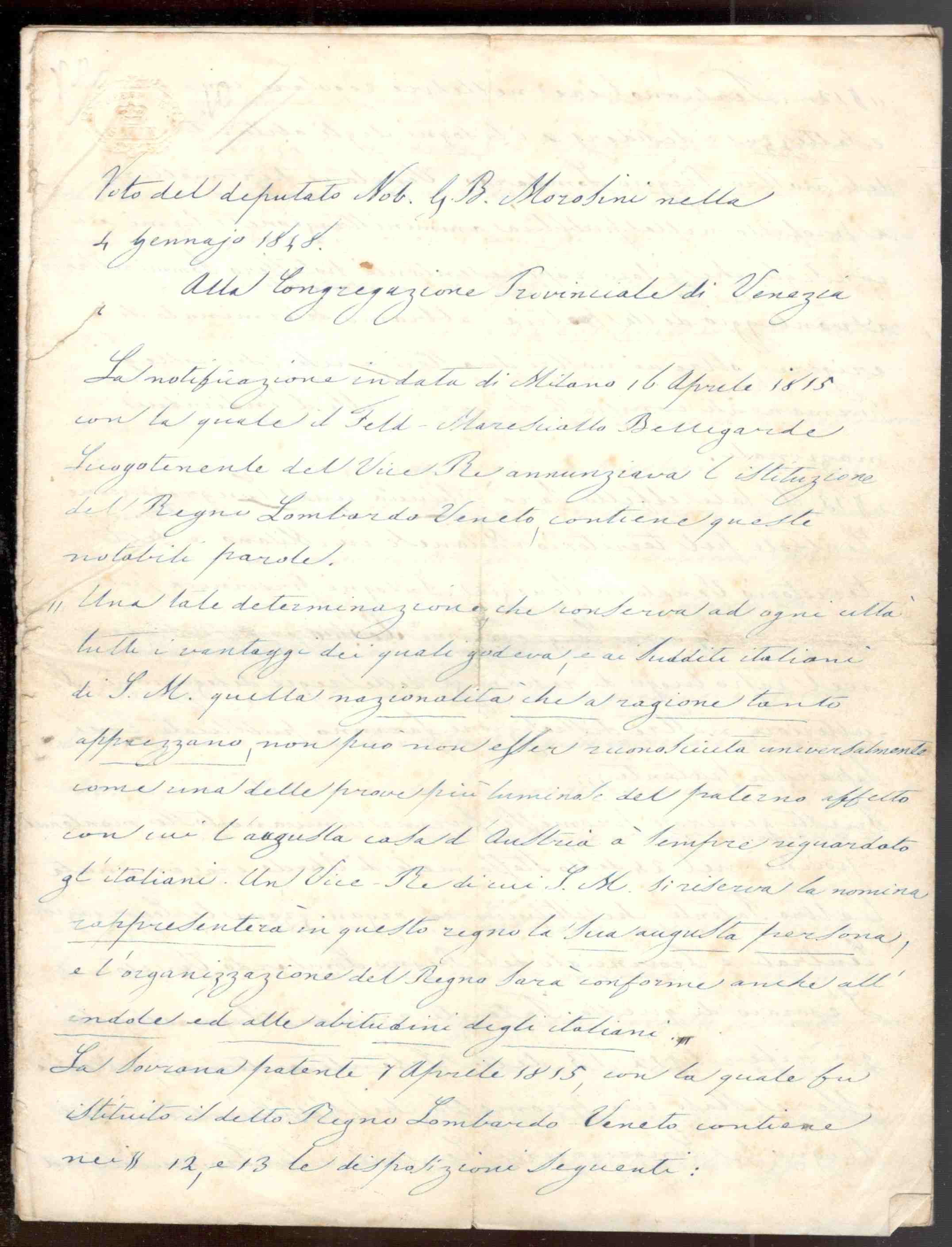 Voto alla Congregazione Provinciale di Venezia ambito del Regno Lombardo-Veneto, …
