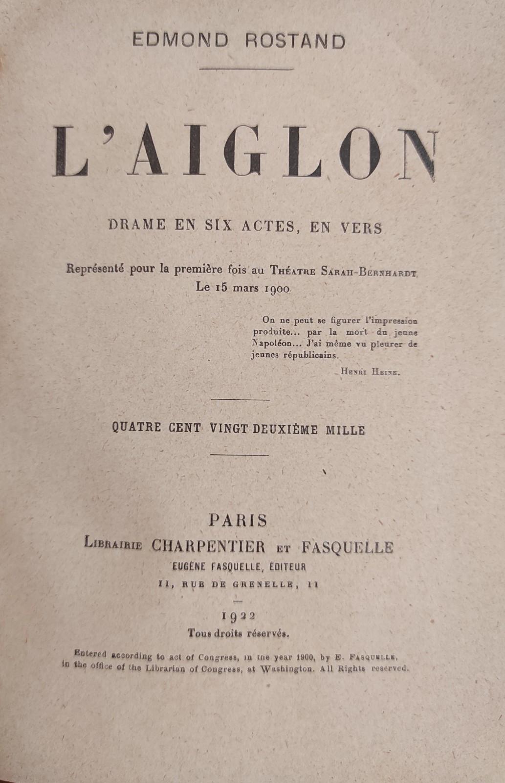 L' AIGLON. DRAME EN SIX ACTES, EN VERSE